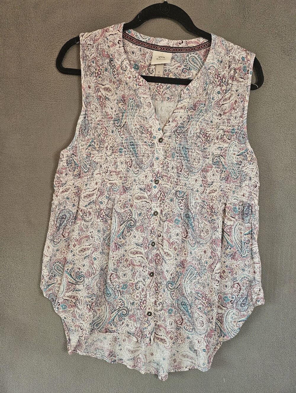 Knox Rose Womens Large Button Tank Top Shirt Floral Ruched Cottagecore Crinkle